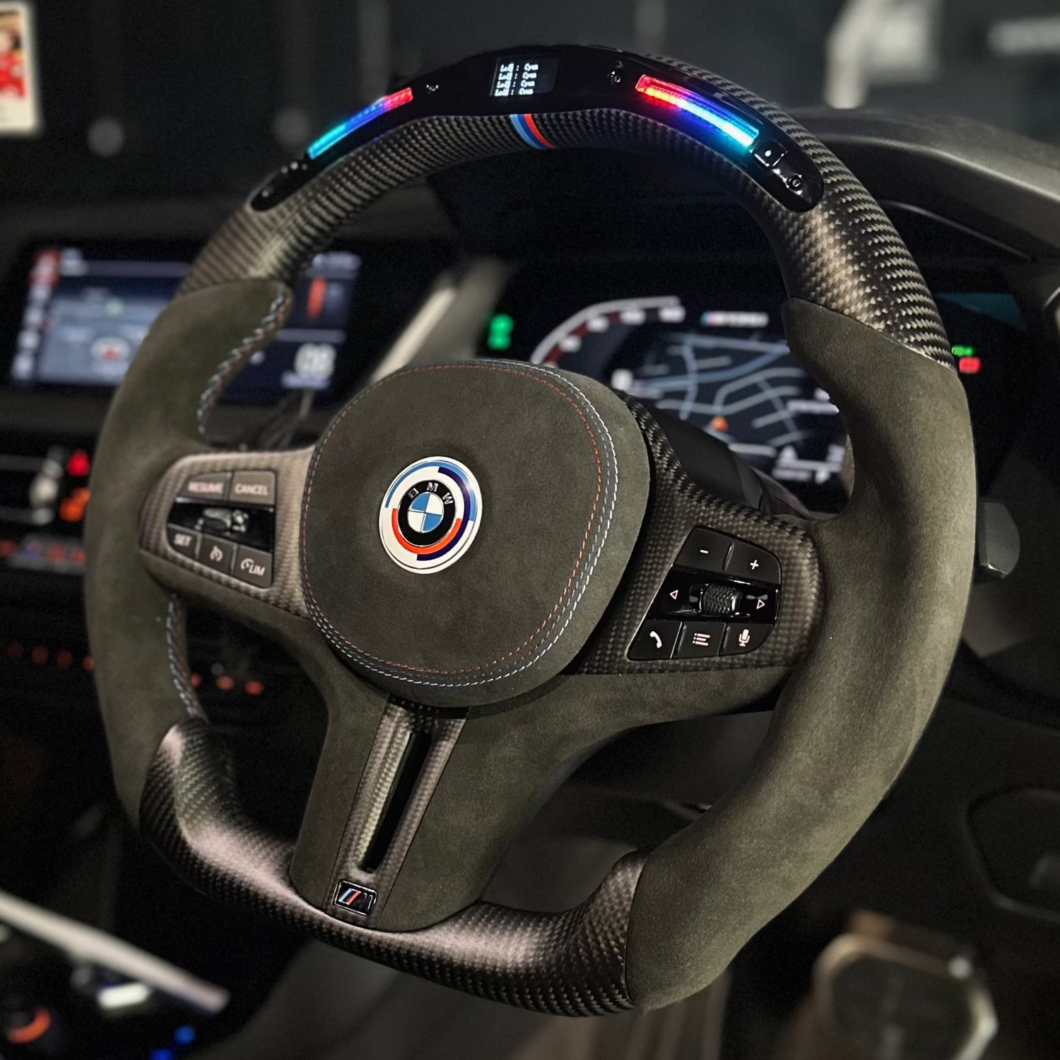 Steering wheel with BMW logo in a car interior